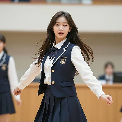 Photograph of an Asian woman with long black hair in a white blouse and black school uniform vest, walking confidently in a brightly lit classroom. Blurred