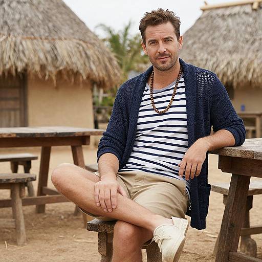 Photograph of a casually dressed man with short brown hair, wearing a navy cardigan, white sneakers, beige shorts, and a striped shirt, seated
