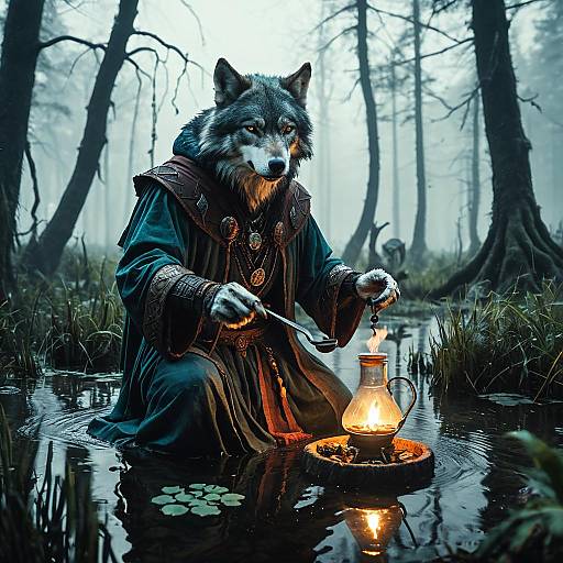 Anthropomorphic Wolf Necromancer Brewing Potion in Swamp