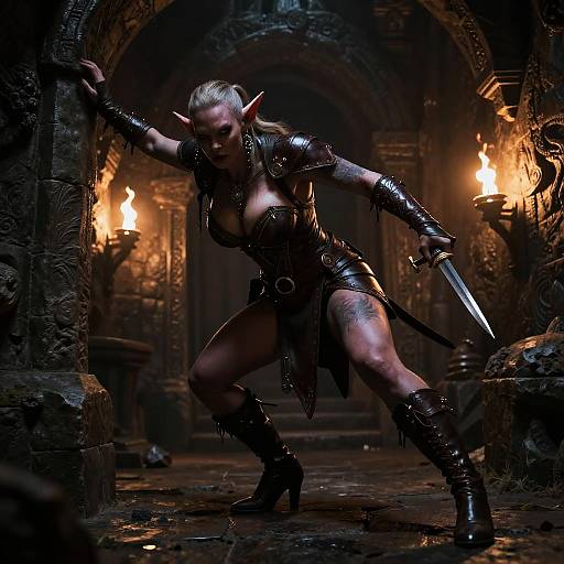 Busty Goblin Rogue in Shadowy Dungeon