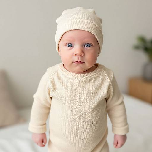 Photograph of a baby with fair skin, blue eyes, wearing a cream knit hat and matching long-sleeve onesie, standing in a softly