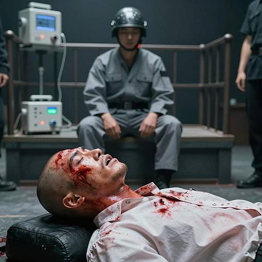 Bloodied man lying down during interrogation