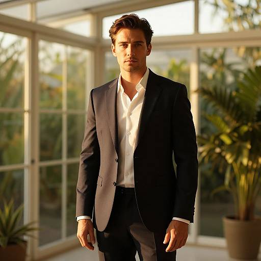 Photograph of a handsome, dark-haired man in a black suit with white shirt standing in a sunlit, glass-enclosed greenhouse with potted