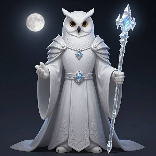 Digital illustration of a white owl in ornate, silver wizard robes, holding a glowing crystal staff, under a bright full moon.
