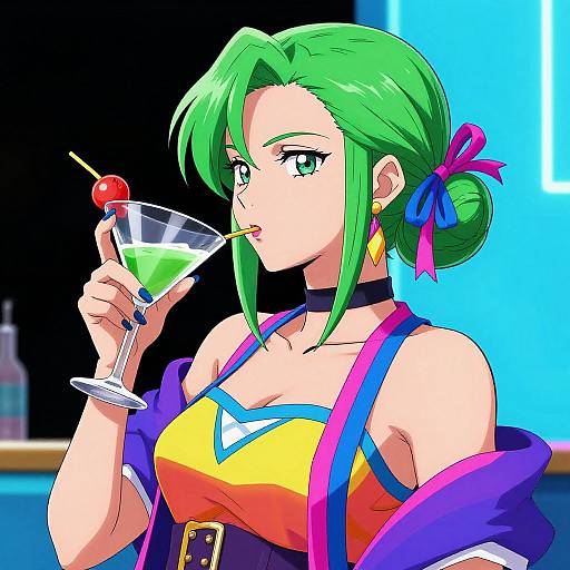 Vibrant Anime Woman with Martini