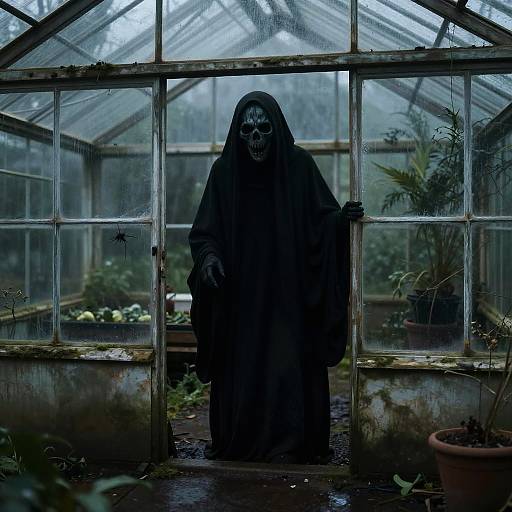 Photograph of a hooded figure in a tattered black robe and skull mask standing in a dimly lit, foggy greenhouse with mist-covered glass