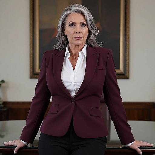 Photograph of an older woman with gray hair, wearing a maroon blazer and white blouse, standing confidently in an office with a framed painting in