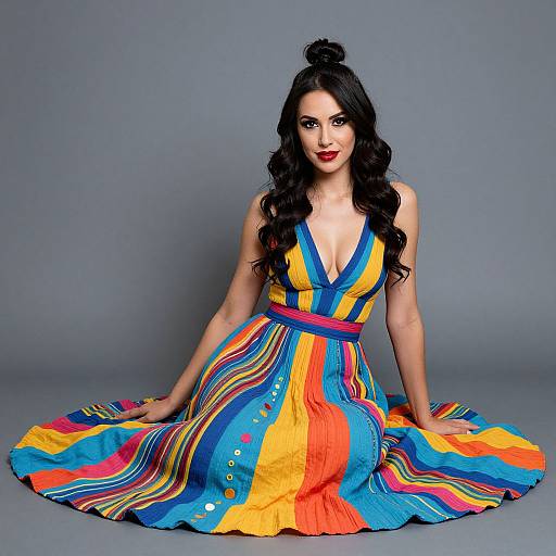 Photograph of a woman with long black hair in a bun, wearing a vibrant, deep V-neck, multicolored striped dress with blue, yellow