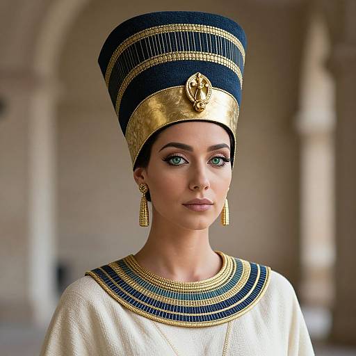 Photorealistic image of a woman with green eyes, wearing an ancient Egyptian-style headdress and necklace, white robe with blue and gold accents, standing