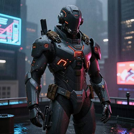 Digital CGI of a futuristic, armored humanoid with glowing orange accents, standing in a rainy, neon-lit cityscape at night.