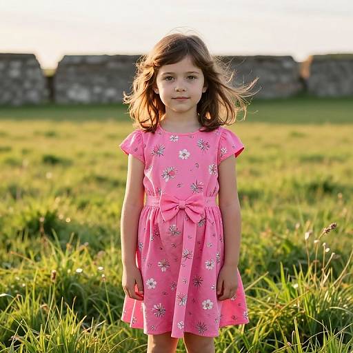 Photograph of a young girl with light brown hair, wearing a pink floral dress with a bow, standing in a sunlit grassy field, with