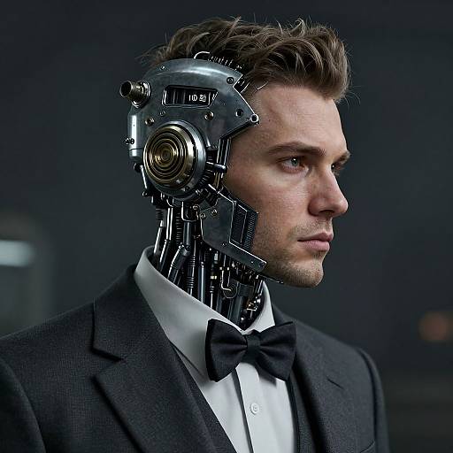 Photorealistic CGI of a serious, white male with a robotic metallic head, wearing a black suit and bow tie, dark background.