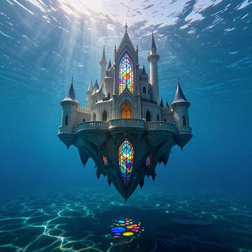 Digital artwork of a floating, Gothic-style castle with colorful stained glass windows, illuminated by sunlight, suspended above a reflective, blue ocean.