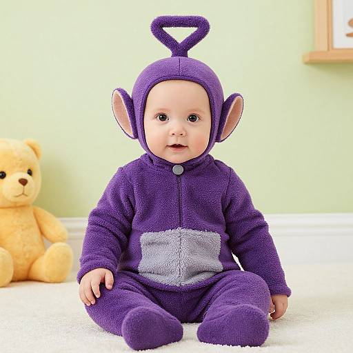 Photograph of a baby with fair skin, wearing a purple monkey onesie, sitting on white carpet, with a yellow teddy bear in the background