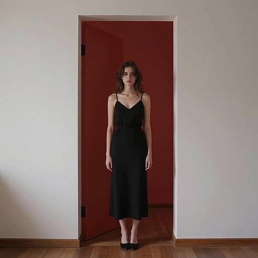 Contemplative Woman in Red Doorway