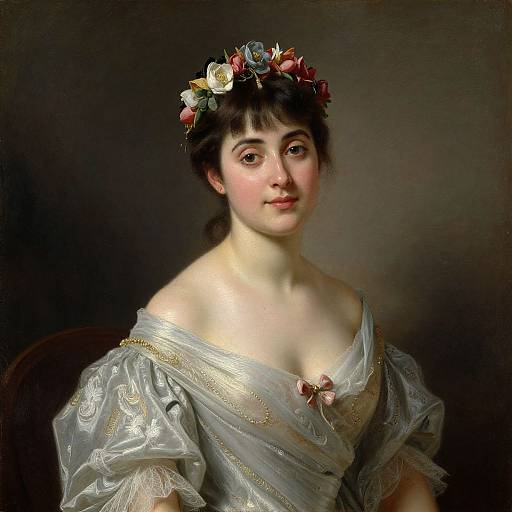 Classical portrait of a fair-skinned woman with dark hair, wearing a floral crown, off-shoulder lace dress with pink ribbon, dark background