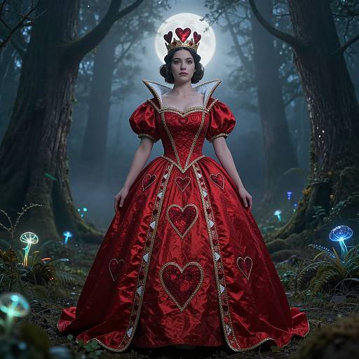 Photorealistic digital artwork of a fair-skinned woman with short dark hair, wearing a red, heart-embroidered gown and gold crown,