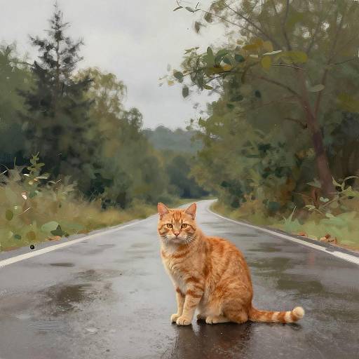 Ginger Cat on Wet Country Road