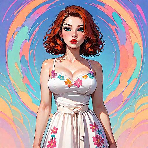 Redhead Woman in Colorful Sundress