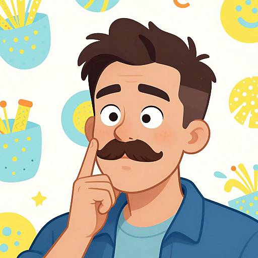 Cartoon-style drawing of a man with dark brown hair, mustache, and blue shirt, thinking with finger on cheek, against a colorful, pattern