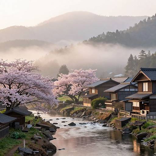 Photograph of a serene Japanese village at dawn, featuring cherry blossoms, traditional wooden houses, a flowing river, and mist-covered hills.