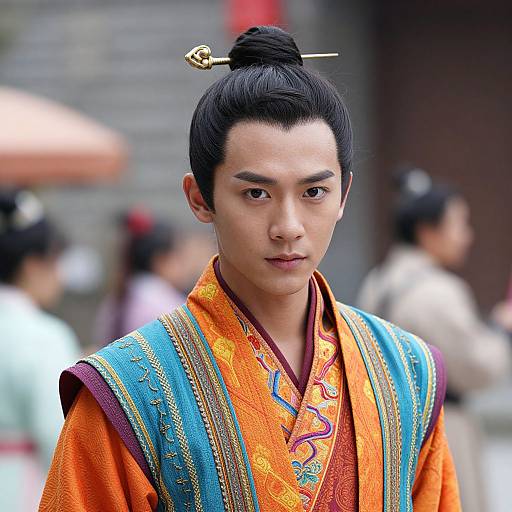 Photograph of a young Asian man with a high bun, wearing an ornate orange and blue traditional Korean hanbok, standing outdoors with blurred background
