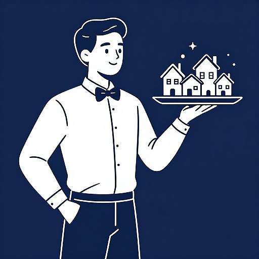 Cartoon-style illustration of a waiter with short hair, bow tie, and dress shirt, holding a tray with a small house on it, against a