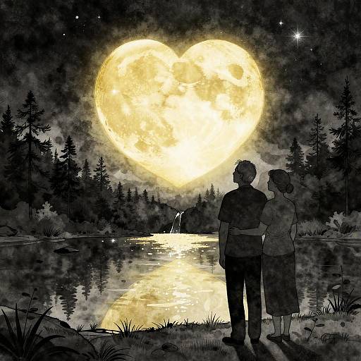 Digital anime-style drawing of a man and woman standing by a moonlit river, gazing at a large, luminous full moon in a starry
