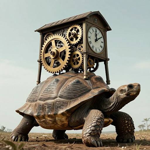Photograph of a realistic, detailed tortoise with a clockhouse on its back, featuring brass gears and a white face, standing on a barren ground