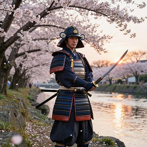 Photograph of a samurai in traditional armor standing by a cherry blossom-filled river at sunset, holding a sword, petals falling around.