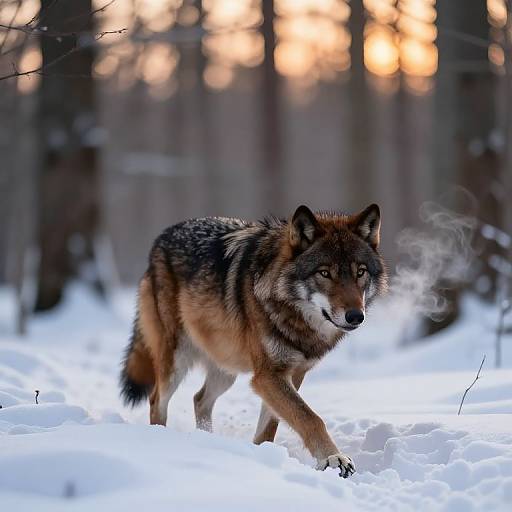 Photograph of a brown wolf with dark striped fur, walking through a snowy forest at sunset, with smoke visible from its breath.