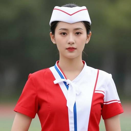 Female in Stylish Red and White Uniform