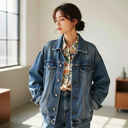 Young Woman in Denim Jacket with Low Bun Hairstyle
