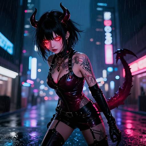 Digital artwork of a neon-lit, rainy city street featuring a dark-haired, red-eyed demon woman with horns, black leather outfit, tattoos, and