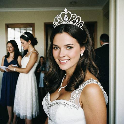 Photograph of a smiling brunette bride with a silver tiara, white lace wedding dress, and pearl necklace, standing in a softly lit room with brides