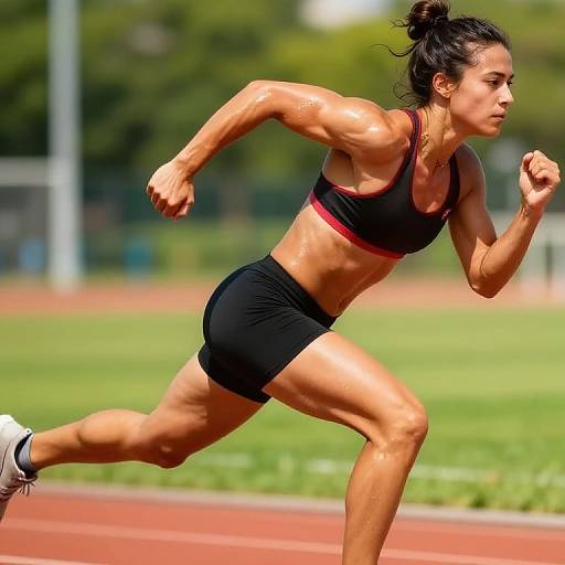 Photograph of a muscular, tan-skinned woman with dark hair in a bun, wearing a black sports bra and shorts, running on a red track