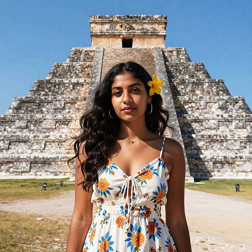 Photograph of a young woman with long, wavy black hair, wearing a floral dress and yellow flower, standing in front of a large, ancient