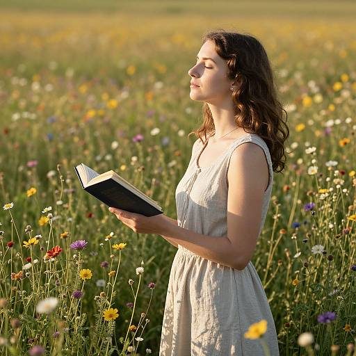 Photograph of a young woman with wavy brown hair, wearing a sleeveless white dress, standing in a sunlit meadow, reading a book