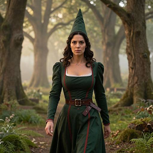 Photograph of a dark-haired woman in a green witch costume with pointed hat, belted dress, standing in a misty forest.