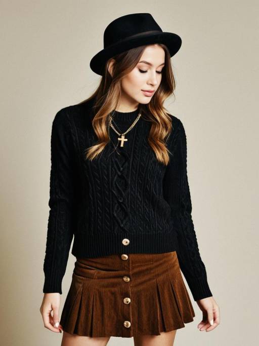 Woman in Black Sweater and Brown Corduroy Skirt