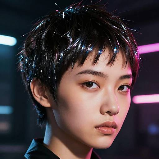 Close-up photograph of an Asian young man with short, shiny black hair, illuminated by pink and blue neon lights, showing a neutral expression.