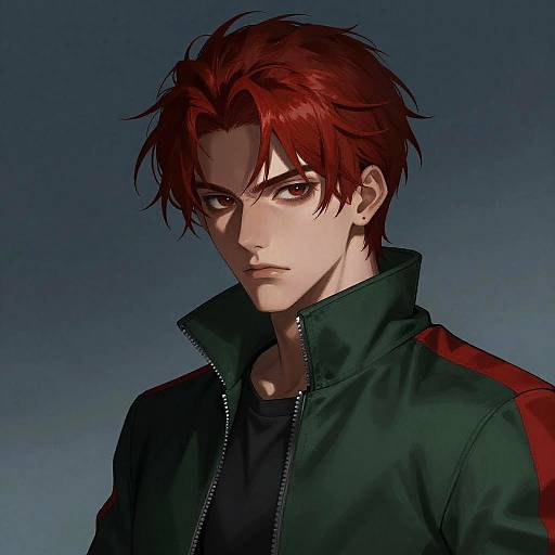 Digital anime-style portrait of a serious young man with red hair, wearing a green jacket with red stripes, against a dark blue gradient background.