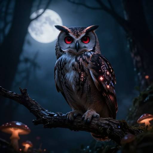 Photorealistic digital painting of a glowing red-eyed owl with dark, iridescent feathers perched on a branch under a full moon in a dark