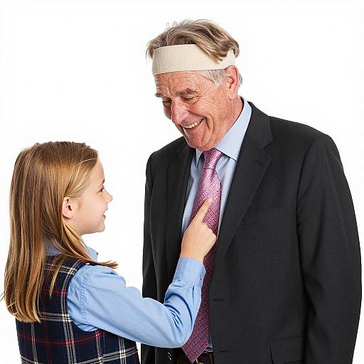 Young Girl Pointing at Older Man's Tie
