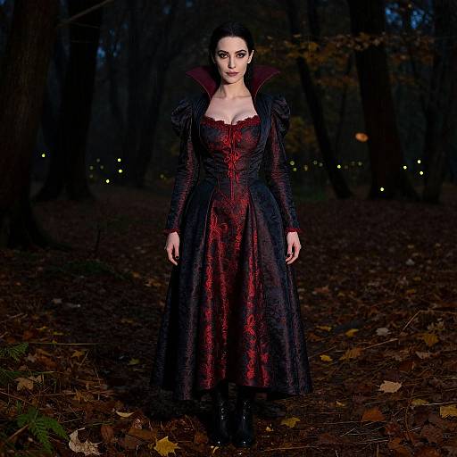 Photograph of a pale, dark-haired woman in a black, Gothic-style dress with red lace details, standing in a dark, autumnal forest with