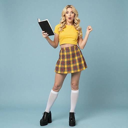 Blonde Woman in Yellow Plaid Outfit