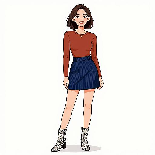 Digital anime-style drawing of a smiling woman with short brown hair, wearing a red long-sleeve top, navy pinstripe skirt, and white