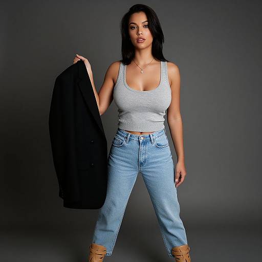 Photograph of a confident woman with medium brown skin, black hair, wearing a white tank top, blue high-waisted jeans, and tan boots