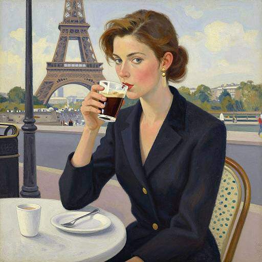 Elegant Woman Sipping Espresso in Paris