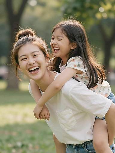 Playful Mother-Daughter Piggyback in Park
